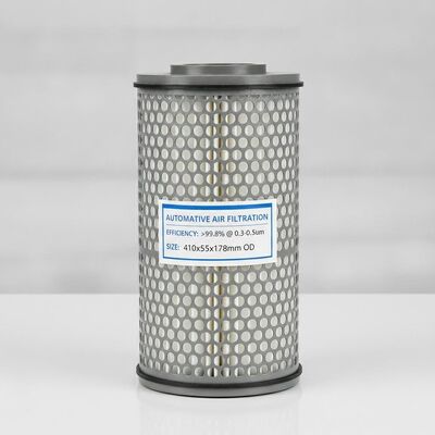 Dimensão inferior 410x55 mm Cartucho elemento de filtro com eficiência de filtragem 998 por cento Partículas maiores do que 03 a 05um e Diâmetro superior OD 178mm Usado na indústria automotiva